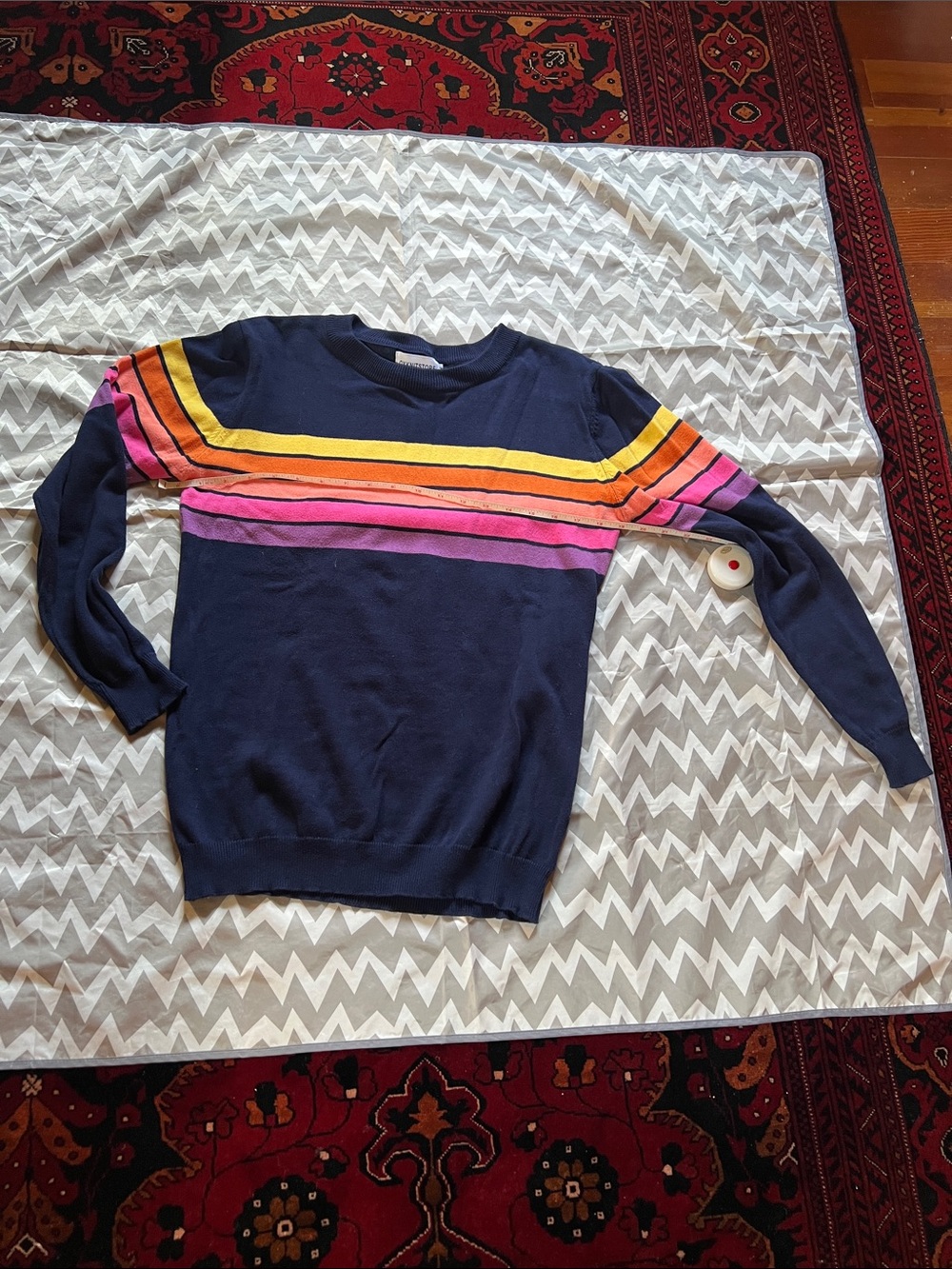 Women's Navy Crewneck Sweater with Pink and Yellow Stripe Detail